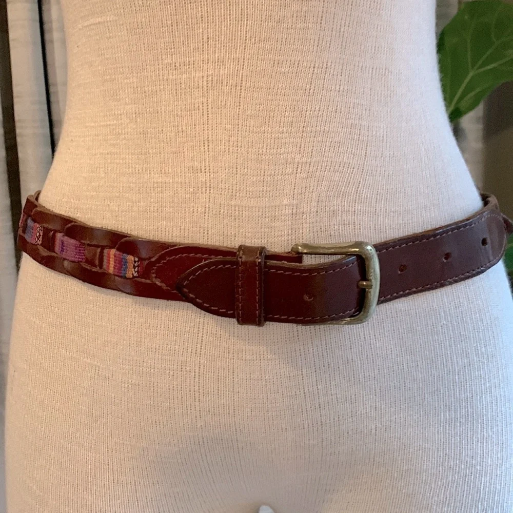 Leather S/M brown leather belt with multi color fabric
